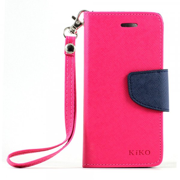 Wholesale iPhone 5S 5 Diary Flip Leather Wallet Case w Stand and Strap (Hot Pink Blue)